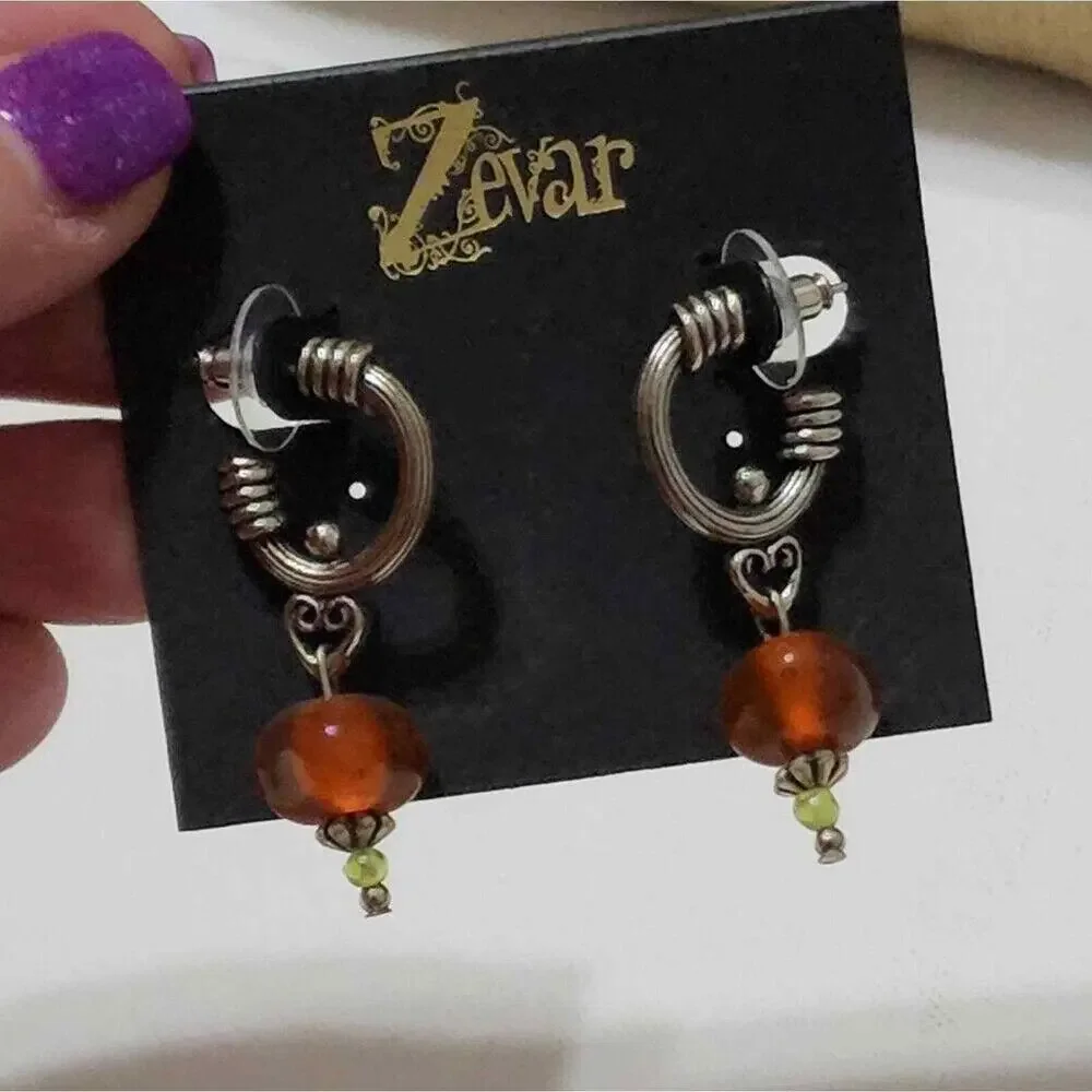 Treska Zevar Artisan Silver Hoop Drop Earrings Amber Glass Bead Heart Detail New